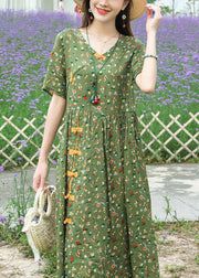 Boho Green Stand Collar Chinese Button Print Linen Dress Summer