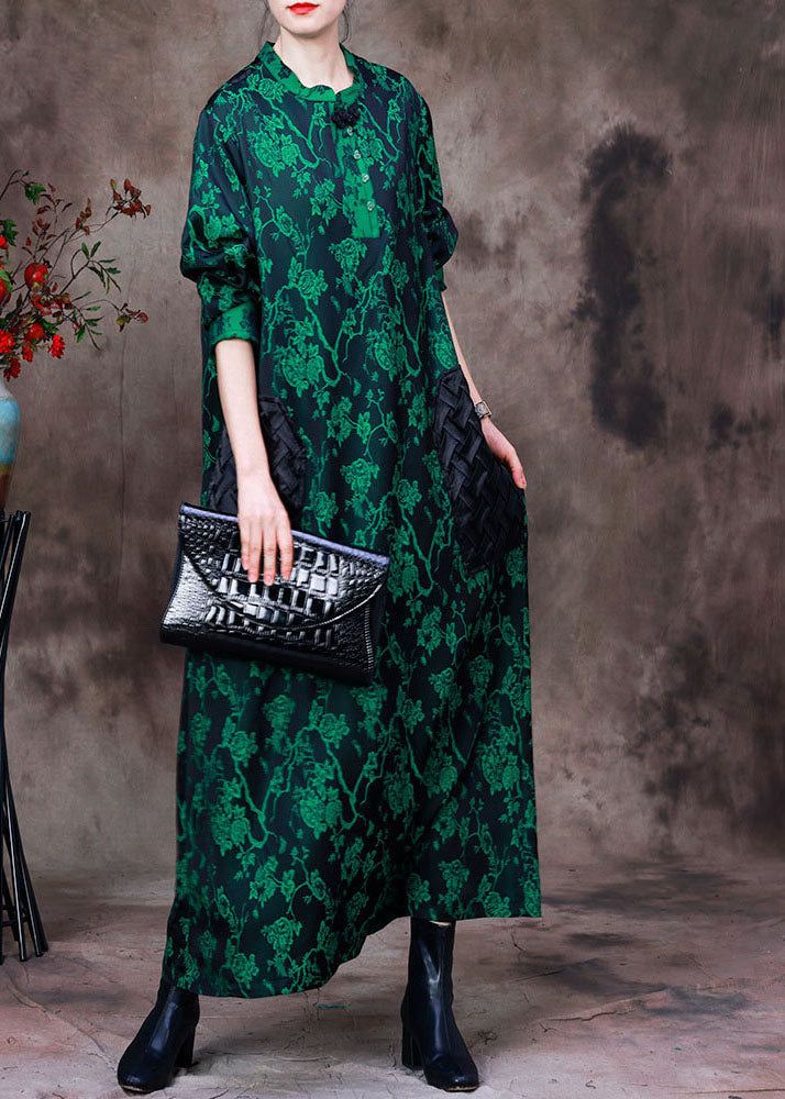 Boho Green Stand Collar Jacquard Patchwork Silk Long Dress Long Sleeve