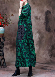 Boho Green Stand Collar Jacquard Patchwork Silk Long Dress Long Sleeve