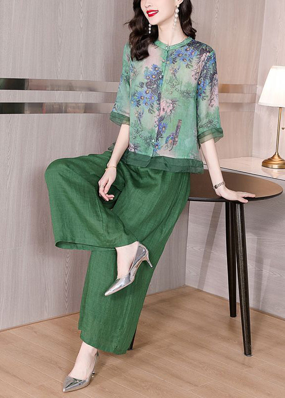 Boho Green Stand Collar Patchwork Print Linen Two Piece Set Women Clothing Summer