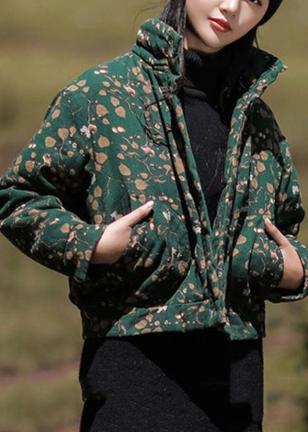 Boho Green Stand Collar Print Fine Cotton Filled Parka Winter