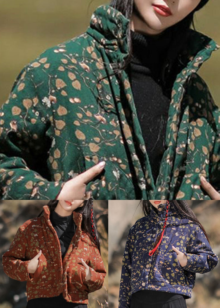 Boho Green Stand Collar Print Fine Cotton Filled Parka Winter