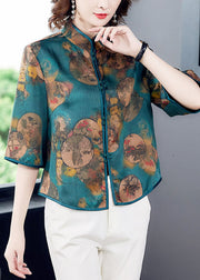 Boho Green Stand Collar Print Patchwork Silk Blouse Top Summer