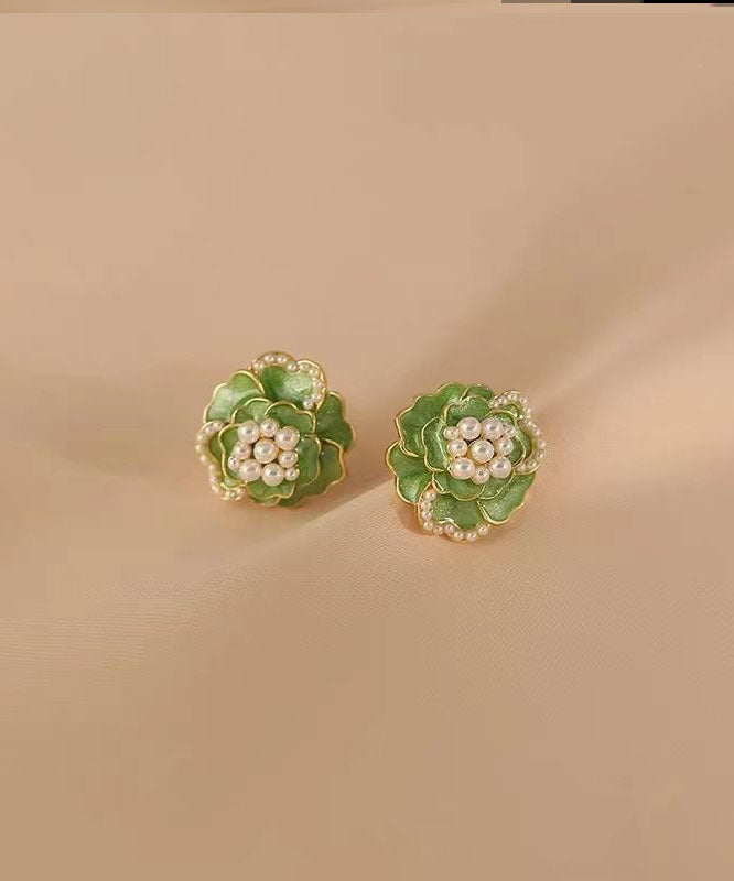 Boho Green Sterling Silver Copper Pearl Floral Stud Earrings