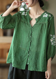 Boho Green V Neck Floral Embroideried Linen Top Bracelet Sleeve