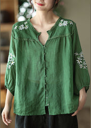 Boho Green V Neck Floral Embroideried Linen Top Bracelet Sleeve