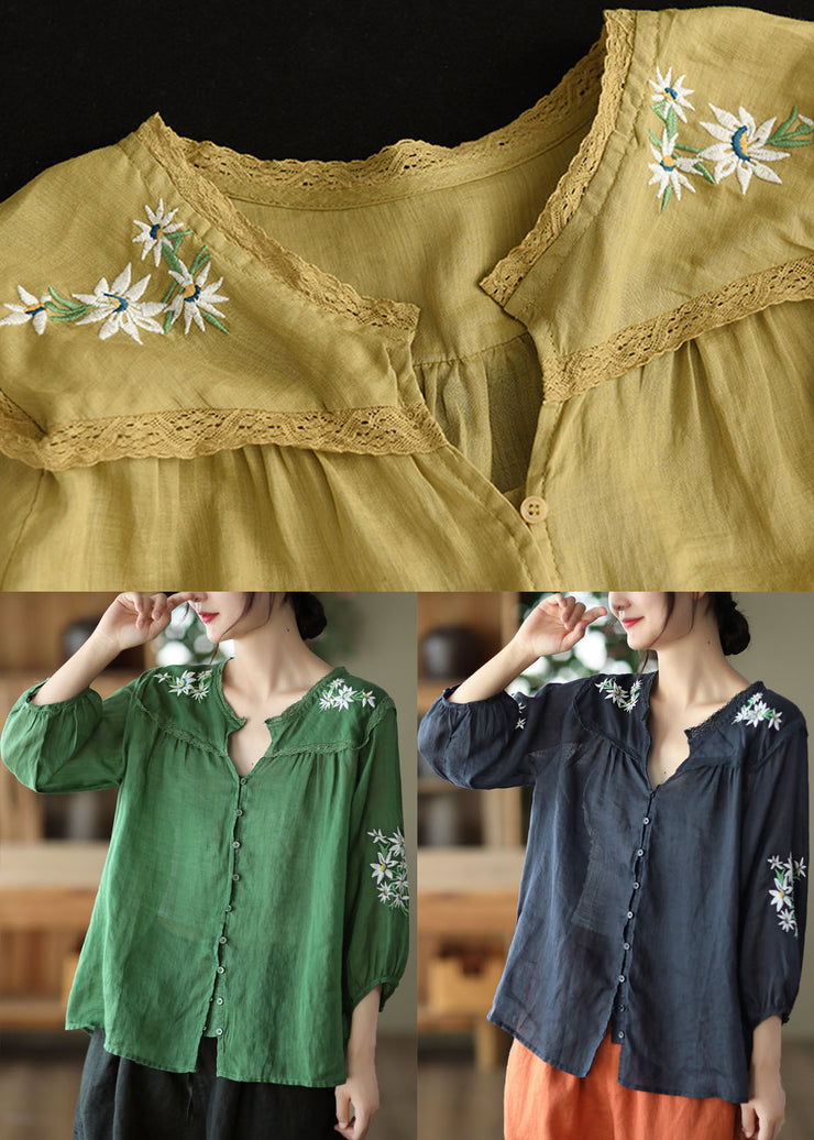 Boho Green V Neck Floral Embroideried Linen Top Bracelet Sleeve