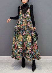 Boho Green V-Neck Floral Print Ruffles Cotton Dresses Two Pieces Set Winter