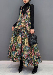 Boho Green V-Neck Floral Print Ruffles Cotton Dresses Two Pieces Set Winter