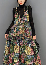 Boho Green V-Neck Floral Print Ruffles Cotton Dresses Two Pieces Set Winter