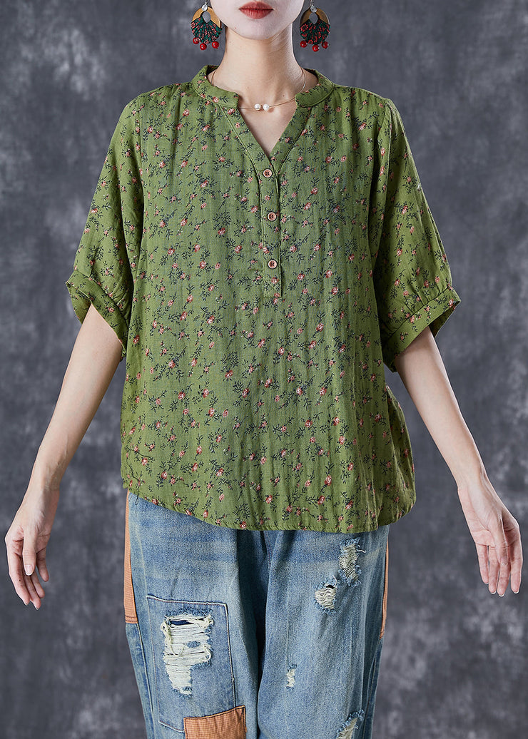 Boho Green V Neck Print Cotton Top Summer