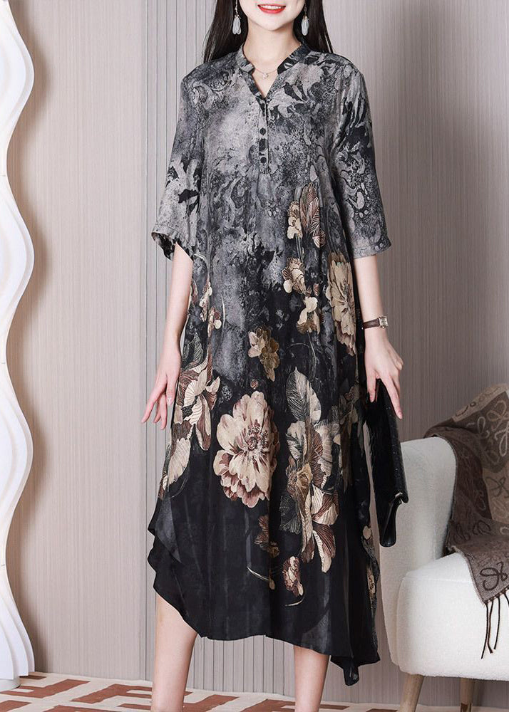 Boho Grey Asymmetrical Design Print Silk Dresses Half Sleeve