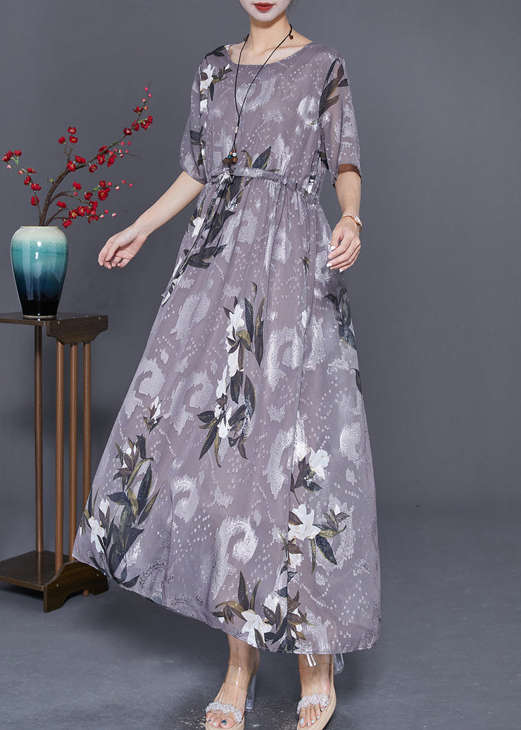 Boho Grey Cinched Print Chiffon Long Dresses Summer