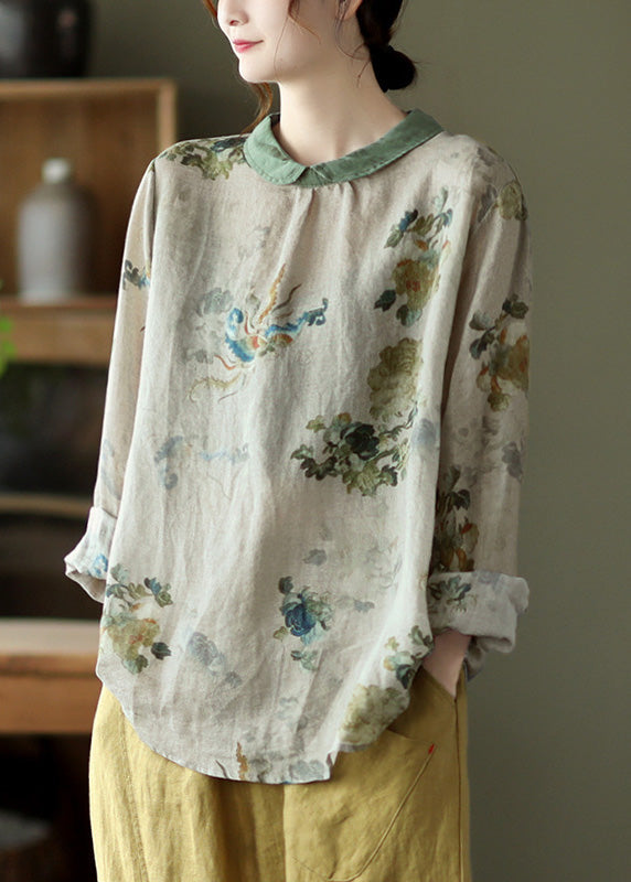 Boho Grey Print Loose Ramie T Shirt Spring