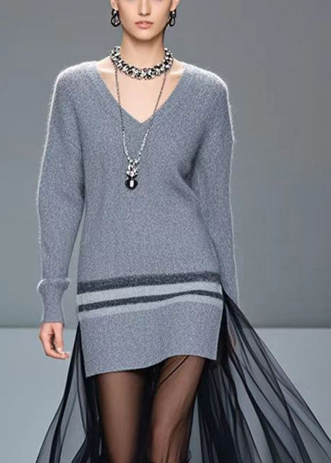 Boho Grey V Neck Patchwork Tulle Knitted Dress Winter