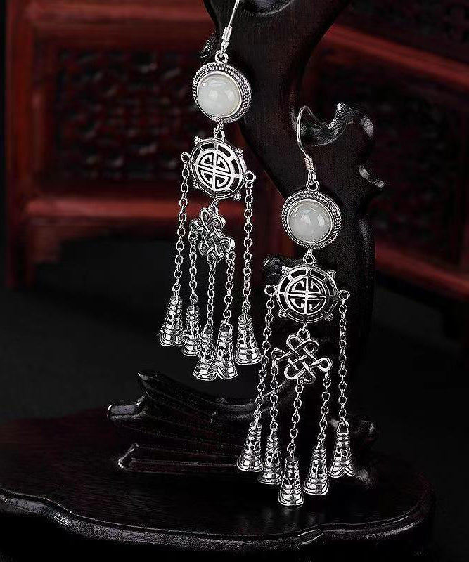 Boho Jade Patchwork Tassel Silver Drop Earrings