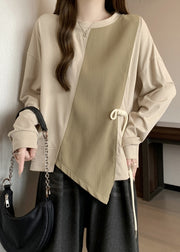 Boho Khaki Asymmetrical Patchwork Cotton Sweatshirt Fall