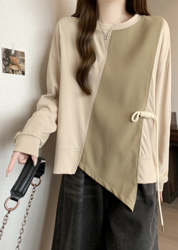 Boho Khaki Asymmetrical Patchwork Cotton Sweatshirt Fall