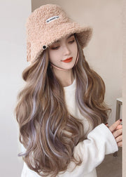 Boho Khaki Faux Fur Wig One Piece Bucket Hat