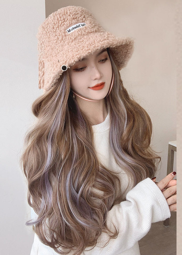 Boho Khaki Faux Fur Wig One Piece Bucket Hat