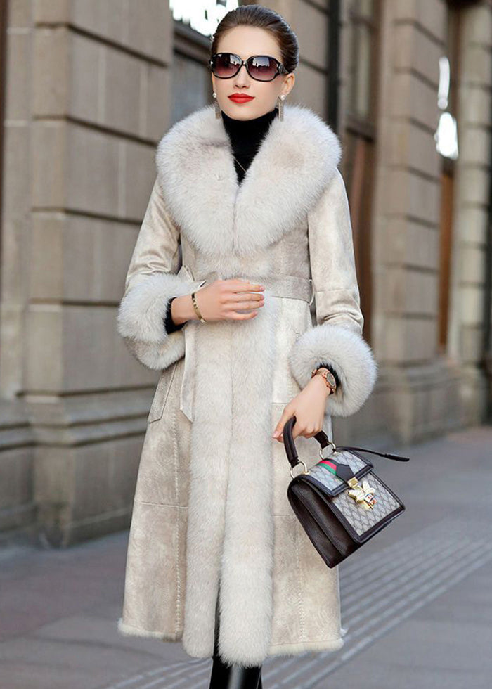 Boho Khaki Fox Collar Cinched Fuzzy Rabbit Leather And Fur Coats Winter