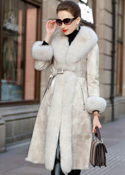 Boho Khaki Fox Collar Cinched Fuzzy Rabbit Leather And Fur Coats Winter