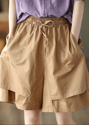 Boho Khaki Pockets Patchwork Elastic Waist Cotton Shorts Summer