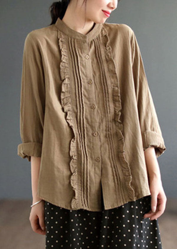 Boho Khaki Ruffled Solid Color Cotton Shirt Tops Spring