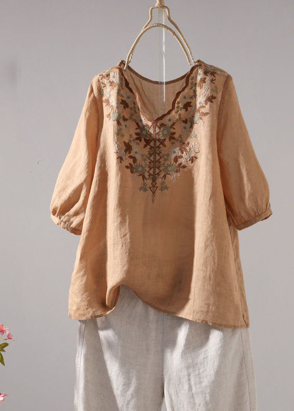 Boho Khaki V Neck Embroideried Patchwork Linen T Shirt Summer