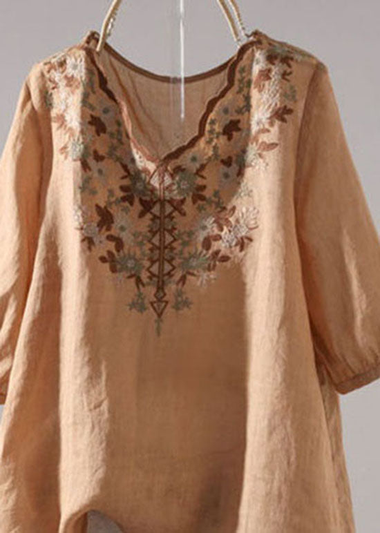 Boho Khaki V Neck Embroideried Patchwork Linen T Shirt Summer