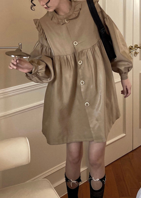 Boho LAight Chocolate Stand Collar Patchwork Ruffled Wrinkled Button Mid Dress Long Sleeve