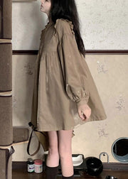 Boho LAight Chocolate Stand Collar Patchwork Ruffled Wrinkled Button Mid Dress Long Sleeve