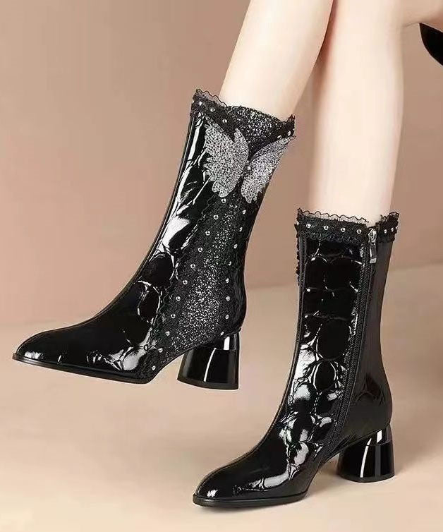 Boho Lace Zircon Splicing Warm Fleece Boots Black Faux Leather