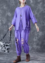 Boho Lavender Oversized Hollow Out Cotton Women Sets 2 Pieces Summer