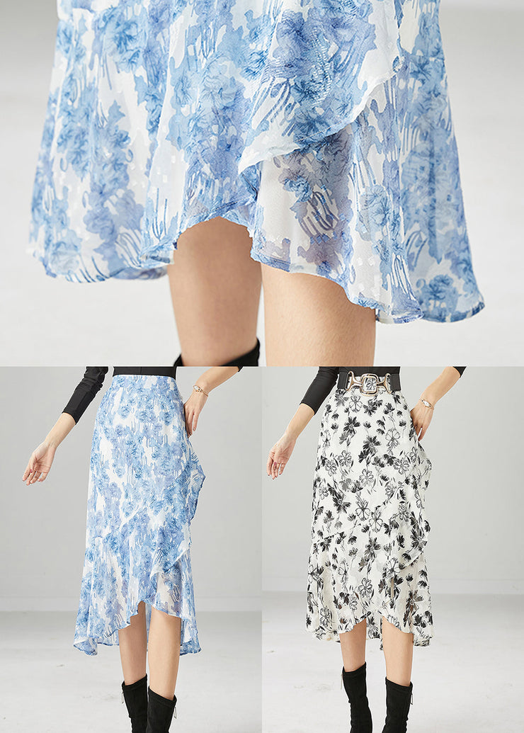 Boho Light Blue Asymmetrical Print Chiffon Skirt Summer