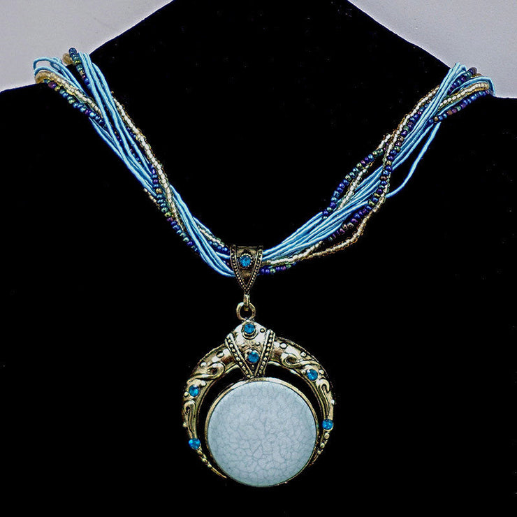 Boho Light Blue Gem Stone Rice Ball Pendant Necklace