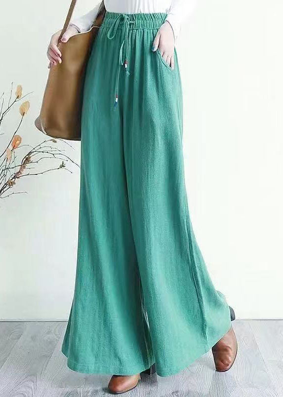 Boho Light Green Pockets Patchwork Drawstring Cotton Pants Spring