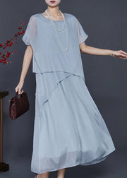 Boho Light Grey Oversized Patchwork Silk Ankle Dress Summer