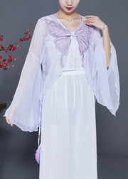 Boho Light Purple Butterfly Embroideried Chiffon Cardigan Flare Sleeve