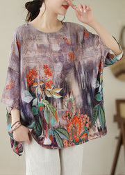 Boho Light Purple O-Neck Print Linen Top Long Sleeve