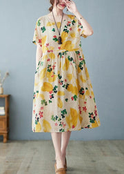 Boho Light Yellow O Neck Pockets Print Patchwork Cotton Dress Summer