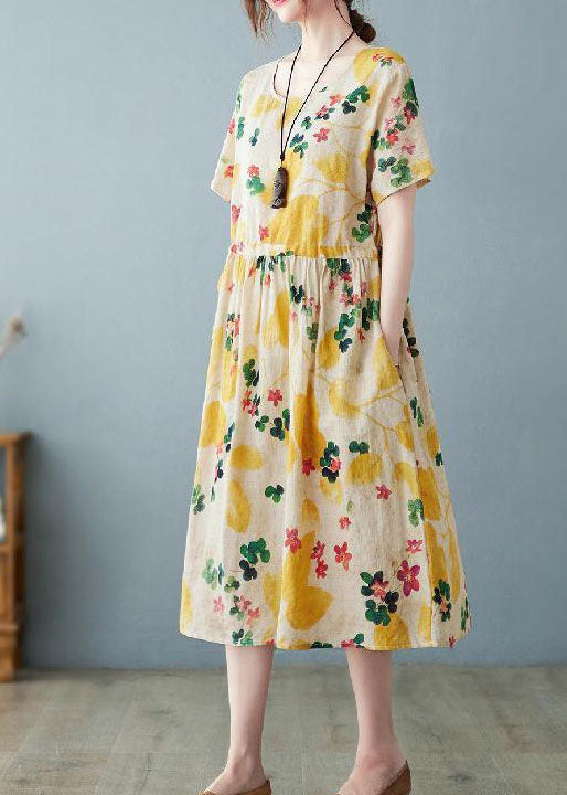 Boho Light Yellow O Neck Pockets Print Patchwork Cotton Dress Summer