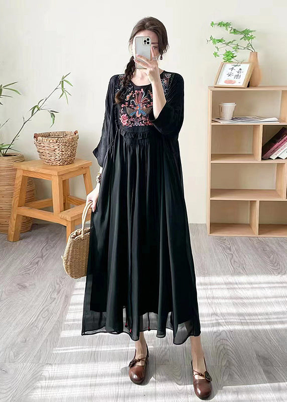 Boho Loose Black O Neck Embroidered Patchwork Silk Dress Summer