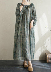 Boho Loose Green O Neck Striped Cotton Long Dress Summer