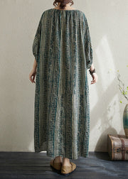 Boho Loose Green O Neck Striped Cotton Long Dress Summer