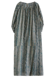 Boho Loose Green O Neck Striped Cotton Long Dress Summer