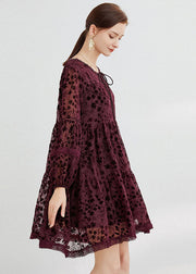 Boho Mulberry O-Neck Lace Up Silk Velour Mid Dress Long Sleeve