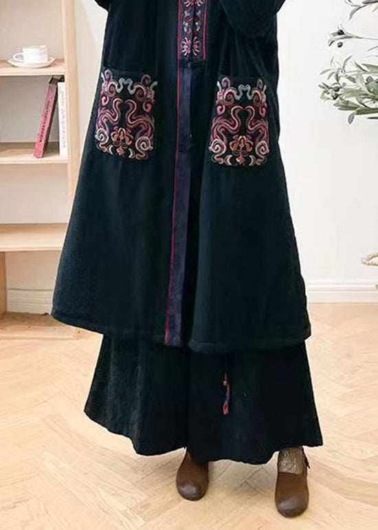 Boho Mulberry V Neck Embroidered Pockets Fine Cotton Filled Coat Winter