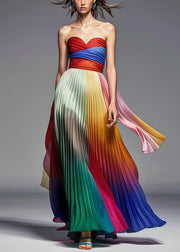 Boho Multicolor Exra Large Hem Chiffon Pleated Strapless Dress Summer