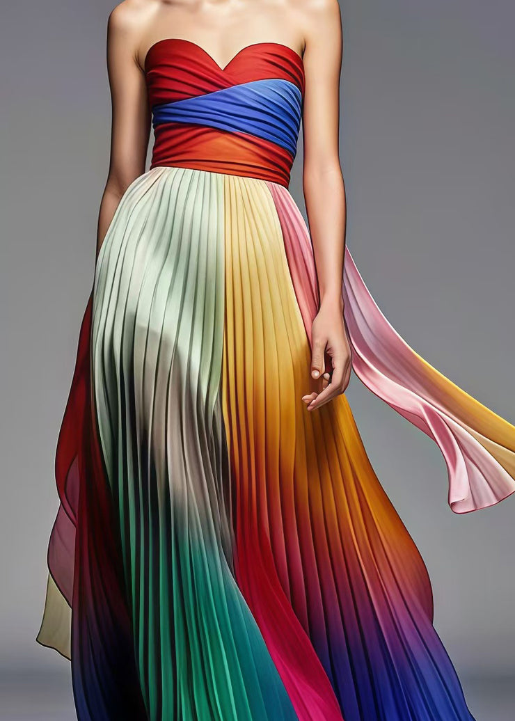 Boho Multicolor Exra Large Hem Chiffon Pleated Strapless Dress Summer